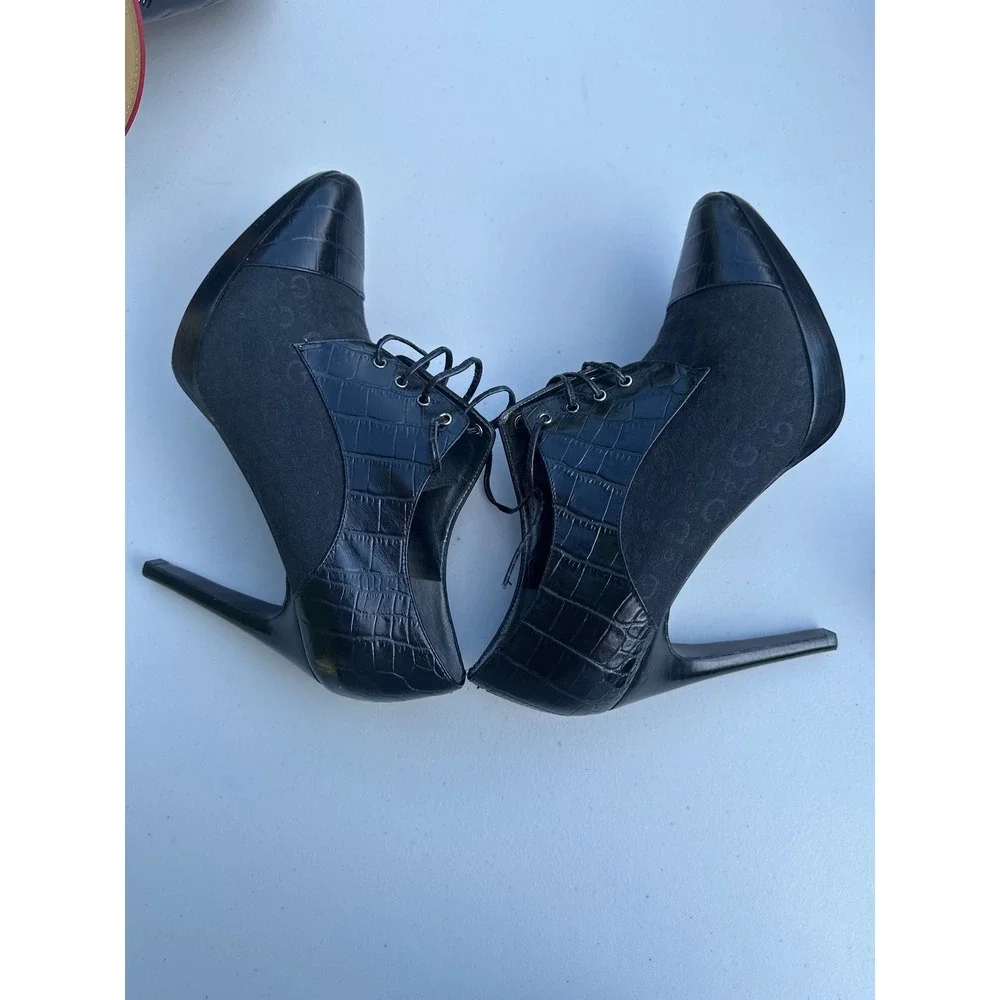 Guess by‎ Marciano Womens Black Croc Embossed Monogram Lace Up Shooties Heels 7M